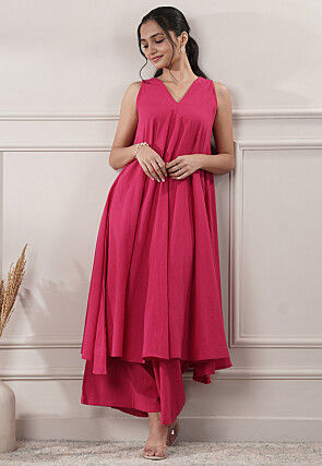 Solid Color Cotton Slub Co-Ord Set in Fuchsia