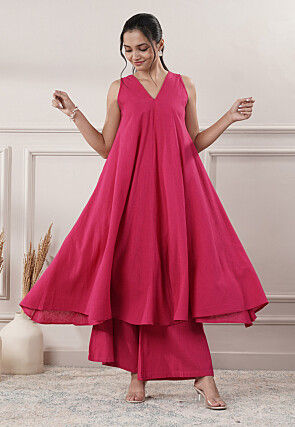 Solid Color Cotton Slub Co-Ord Set in Fuchsia