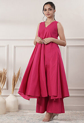 Solid Color Cotton Slub Co-Ord Set in Fuchsia