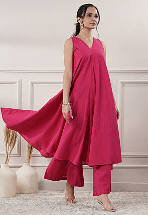 Solid Color Cotton Slub Co-Ord Set in Fuchsia