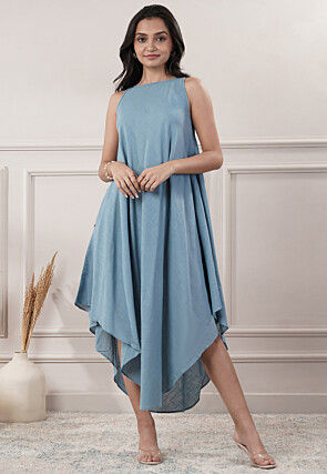 Solid Color Cotton Slub Asymmetric Dress in Light Blue