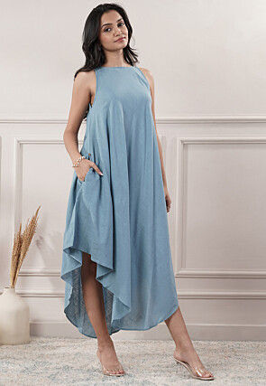 Solid Color Cotton Slub Asymmetric Dress in Light Blue