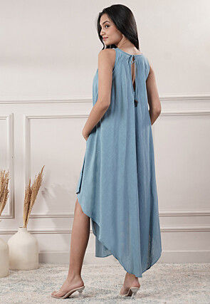 Solid Color Cotton Slub Asymmetric Dress in Light Blue