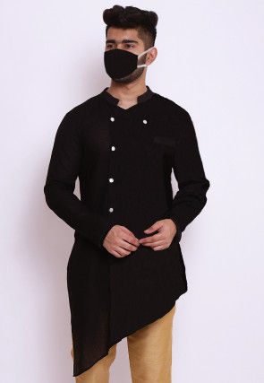Solid Color Cotton Slub Asymmetric Kurta in Black