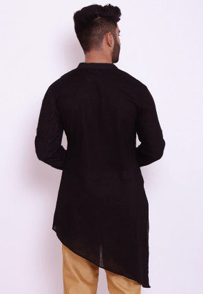 Solid Color Cotton Slub Asymmetric Kurta in Black