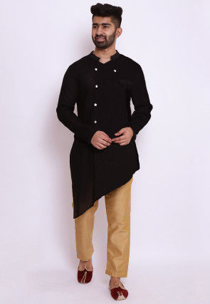 Solid Color Cotton Slub Asymmetric Kurta in Black
