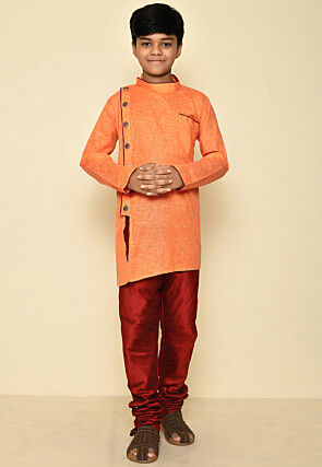 Solid Color Cotton Slub Asymmetric Kurta Set in Orange