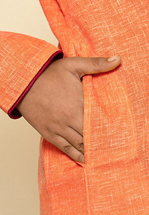 Solid Color Cotton Slub Asymmetric Kurta Set in Orange