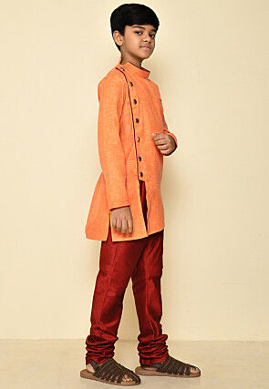Solid Color Cotton Slub Asymmetric Kurta Set in Orange