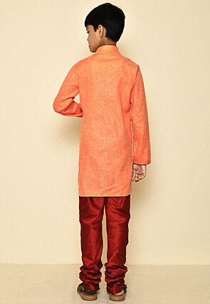 Solid Color Cotton Slub Asymmetric Kurta Set in Orange