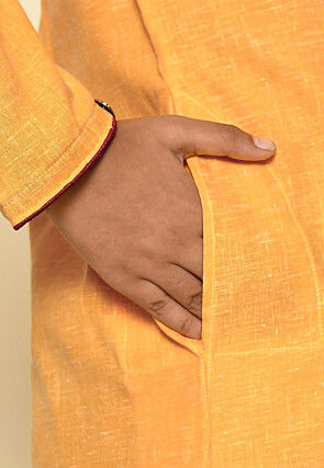 Solid Color Cotton Slub Asymmetric Sherwani Set in Mustard