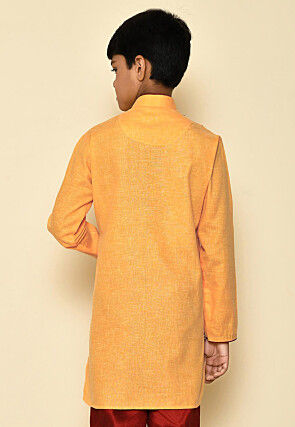Solid Color Cotton Slub Asymmetric Sherwani Set in Mustard