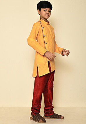 Solid Color Cotton Slub Asymmetric Sherwani Set in Mustard