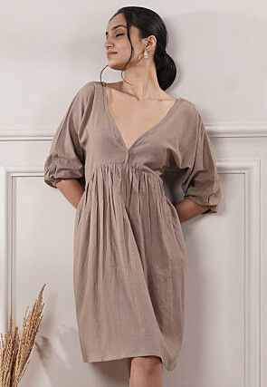 Solid Color Cotton Slub Fit N Flare Dress in Fawn