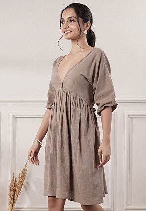 Solid Color Cotton Slub Fit N Flare Dress in Fawn