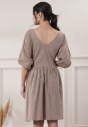 Solid Color Cotton Slub Fit N Flare Dress in Fawn
