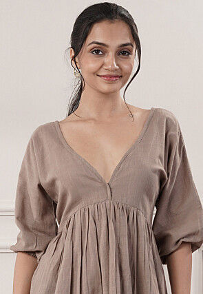 Solid Color Cotton Slub Fit N Flare Dress in Fawn