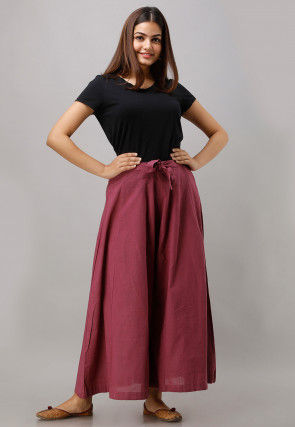 Solid Color Cotton Slub Flared Palazzo in Dark Old Rose