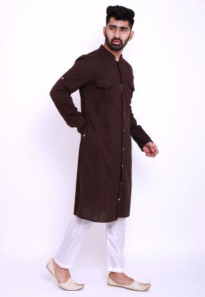 Solid Color Cotton Slub Pathani Suit in Brown