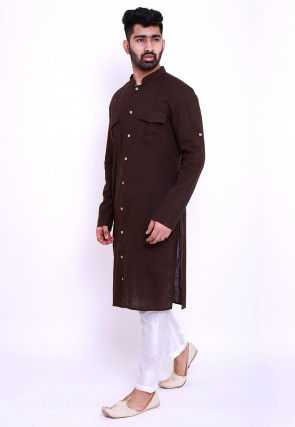 Solid Color Cotton Slub Pathani Suit in Brown