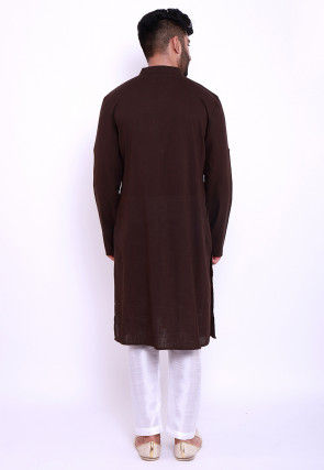 Solid Color Cotton Slub Pathani Suit in Brown