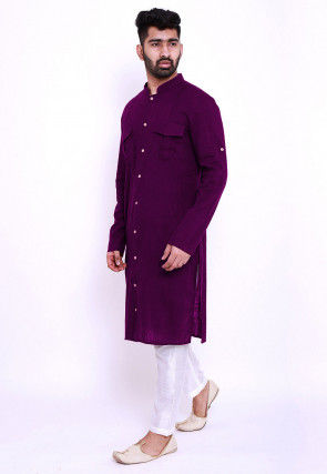 Solid Color Cotton Slub Pathani Suit in Purple
