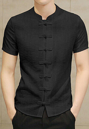 Solid Color Cotton Slub Front Open Shirt in Black