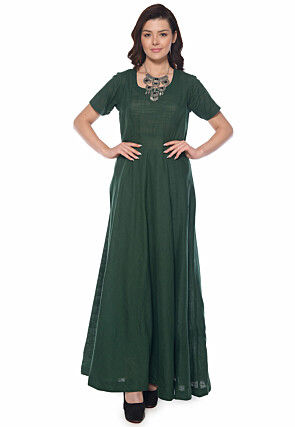 Solid Color Cotton Slub Gown in Dark Green
