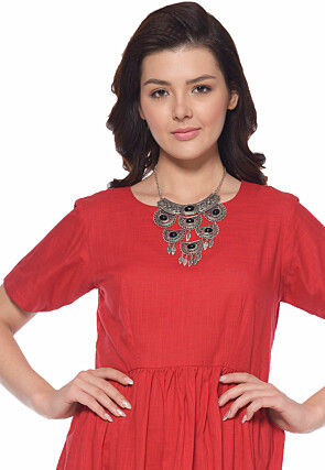 Solid Color Cotton Slub Gown in Red