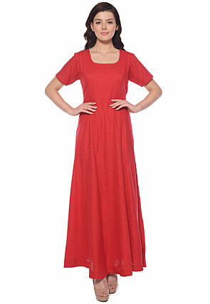 Solid Color Cotton Slub Gown in Red