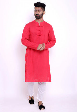 Solid Color Cotton Slub Kurta in Coral Pink