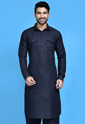 Solid Color Cotton Slub Kurta in Dark Blue
