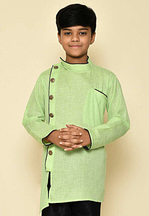 Solid Color Cotton Slub Kurta in Light Green