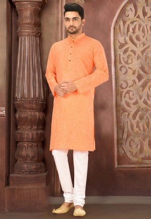 Solid Color Cotton Slub Kurta in Orange