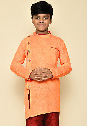 Solid Color Cotton Slub Kurta in Orange