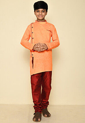 Solid Color Cotton Slub Kurta in Orange