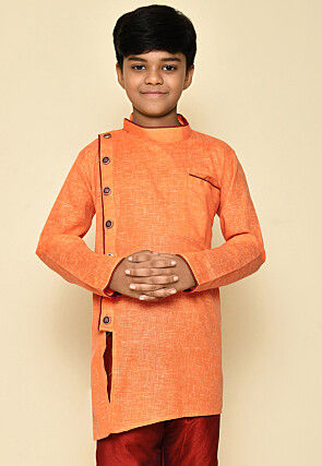 Solid Color Cotton Slub Kurta in Orange