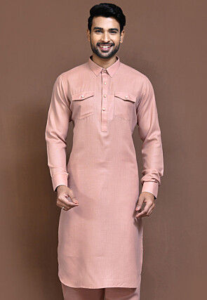 Solid Color Cotton Slub Kurta in Peach
