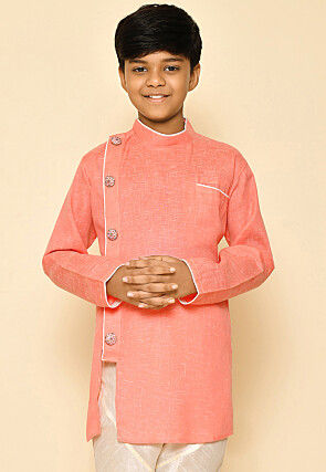 Solid Color Cotton Slub Kurta in Peach