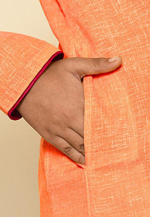 Solid Color Cotton Slub Kurta Set in Orange
