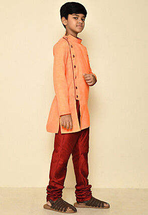 Solid Color Cotton Slub Kurta Set in Orange