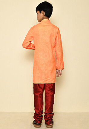 Solid Color Cotton Slub Kurta Set in Orange