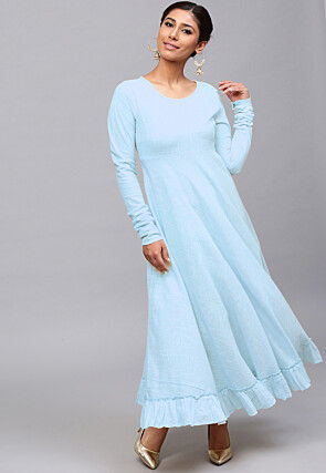 Solid Color Cotton Slub Maxi Dress in Light Blue