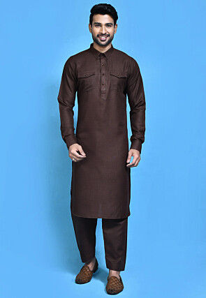 Solid Color Cotton Slub Paithani Suit in Dark Brown