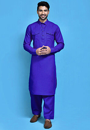 Solid Color Cotton Slub Paithani Suit in Royal Blue