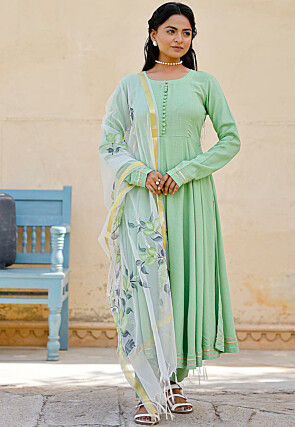 Solid Color Cotton Slub Punjabi Suit in Light Green