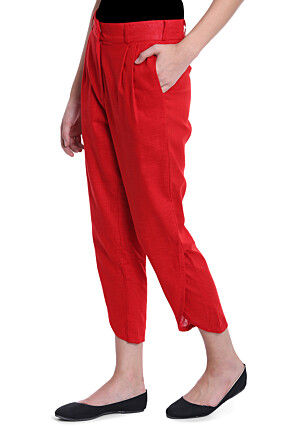 Solid Color Cotton Slub Pant in Red