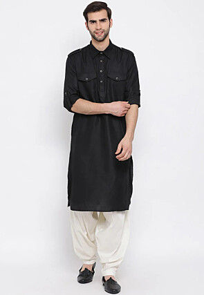 Solid Color Cotton Slub Pathani Suit in Black