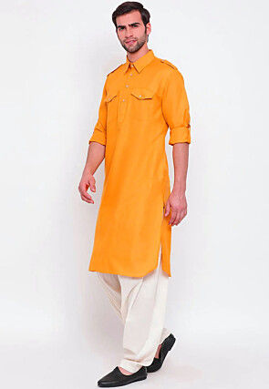 Solid Color Cotton Slub Pathani Suit in Mustard