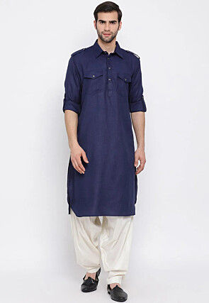 Solid Color Cotton Slub Pathani Suit in Navy Blue
